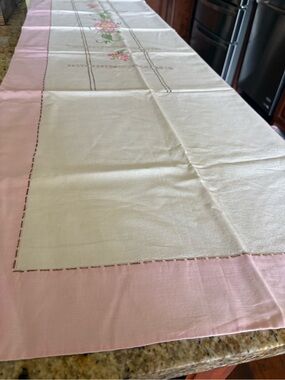 Embroidered Pink and Cream Table Runner with Floral Detail
